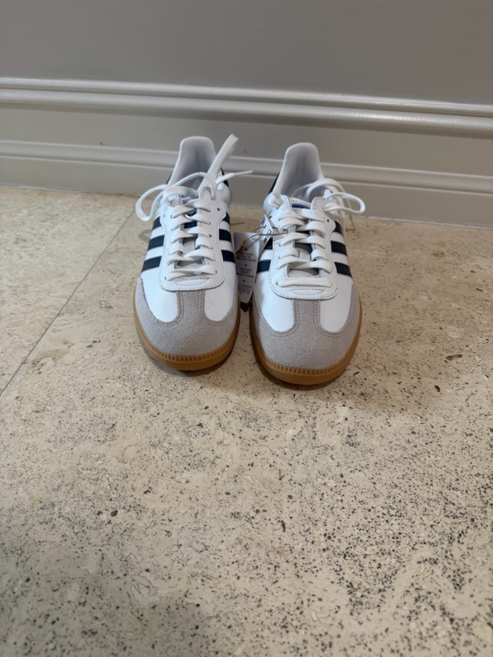 adidas White Sneakers with Navy Stripes and Gum Sole